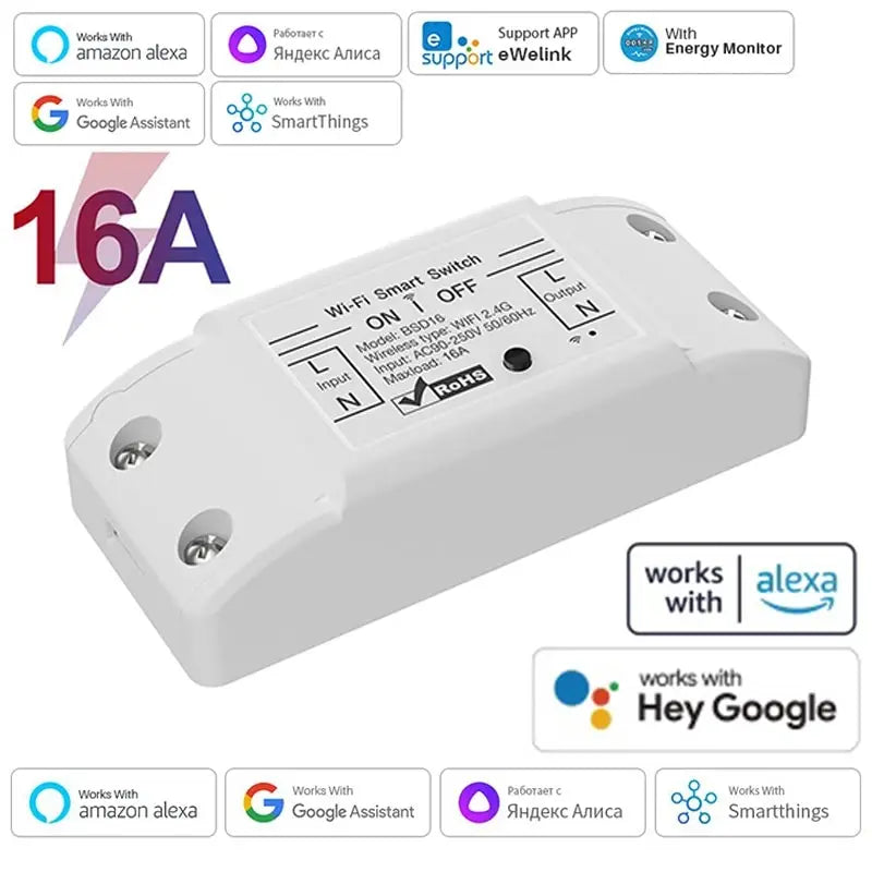 16A WiFi Smart Switch - Wireless Relay Breaker with Remote & Voice Control, Compatible with Alexa, Google Home & eWeLink