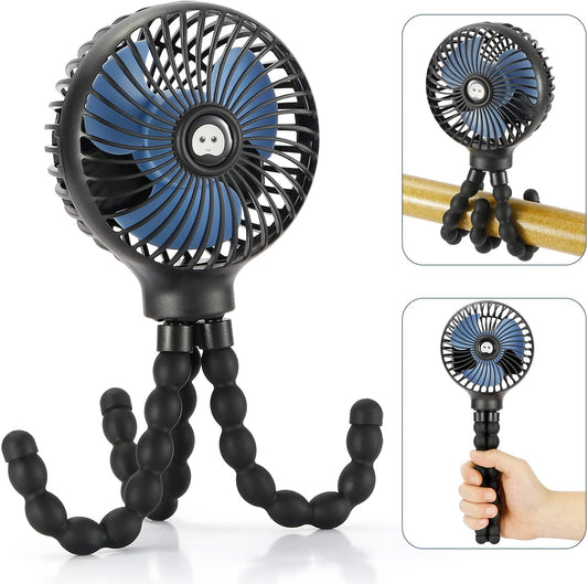 Mini Handheld Personal Portable Fan – USB & Battery Powered with Flexible Tripod Clip for Baby Strollers, Car Seats, Desks, Bikes, Cribs & Outdoor Use (Black)