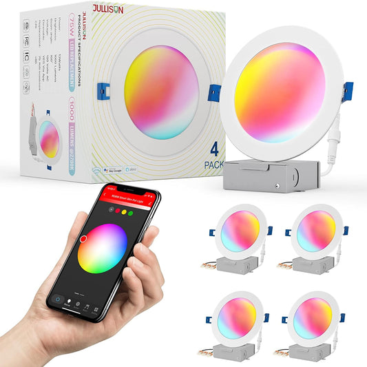 6" LED Smart Slim Recessed Pot Light – Wifi & Voice Control, 13W 1000LM, RGB + Tunable White (2700K-6000K), ETL/FCC/IC Certified, Wet Location, Alexa & Google Home Compatible – 4 Pack