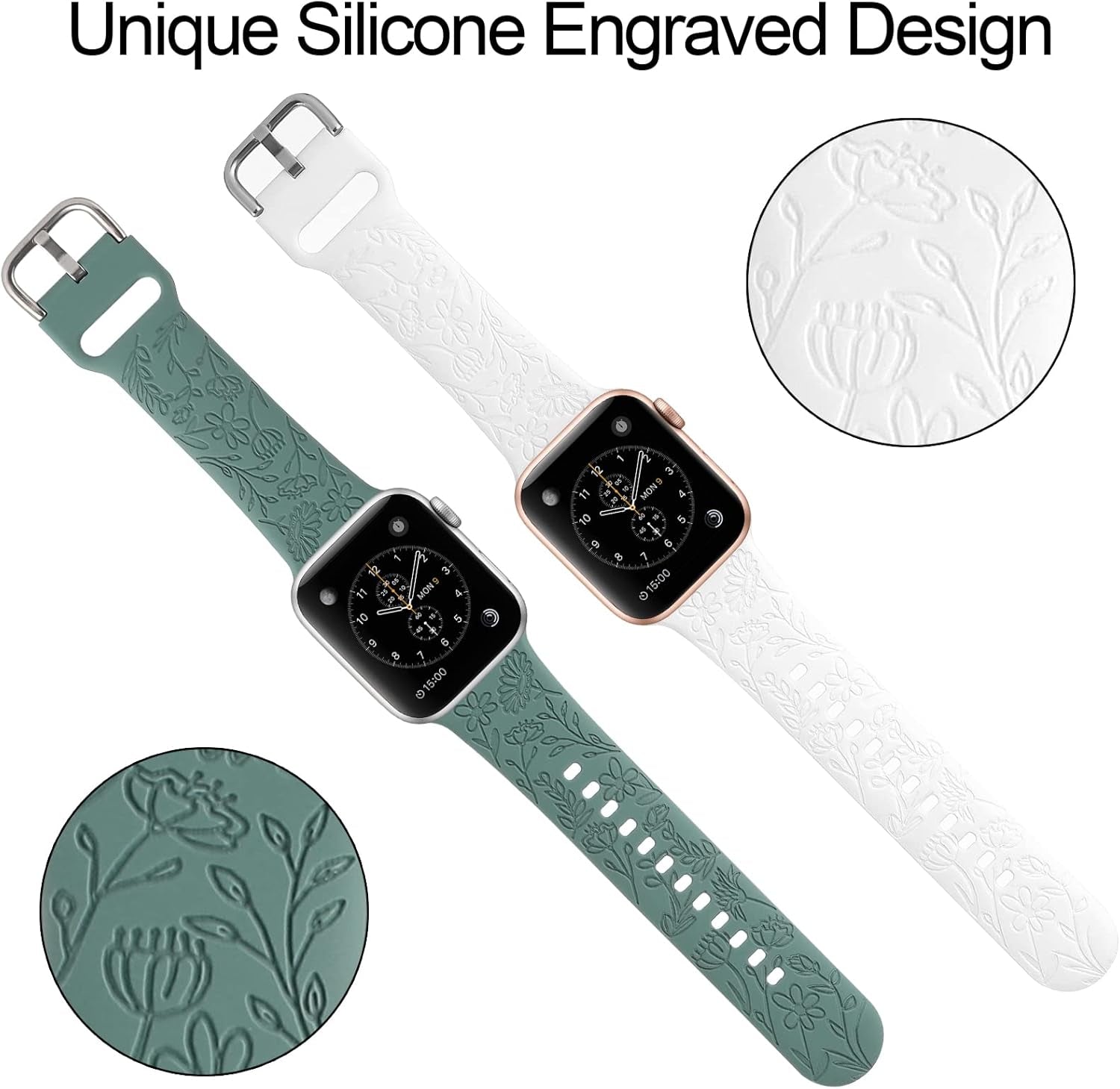  2-Pack Floral Engraved Sport Straps for Apple Watch | Soft Silicone Replacement Bands for 38mm, 40mm & 41mm | Compatible with Series 1-8 & SE