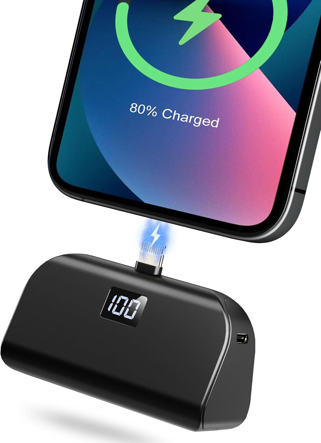 Mini Portable iPhone Charger with Built-in Lightning Cable – 4,800mAh Fast Charging Power Bank – Ultra-Compact Battery Pack for iPhone 14/13/12/11/XR/X/8/7/6 – Black