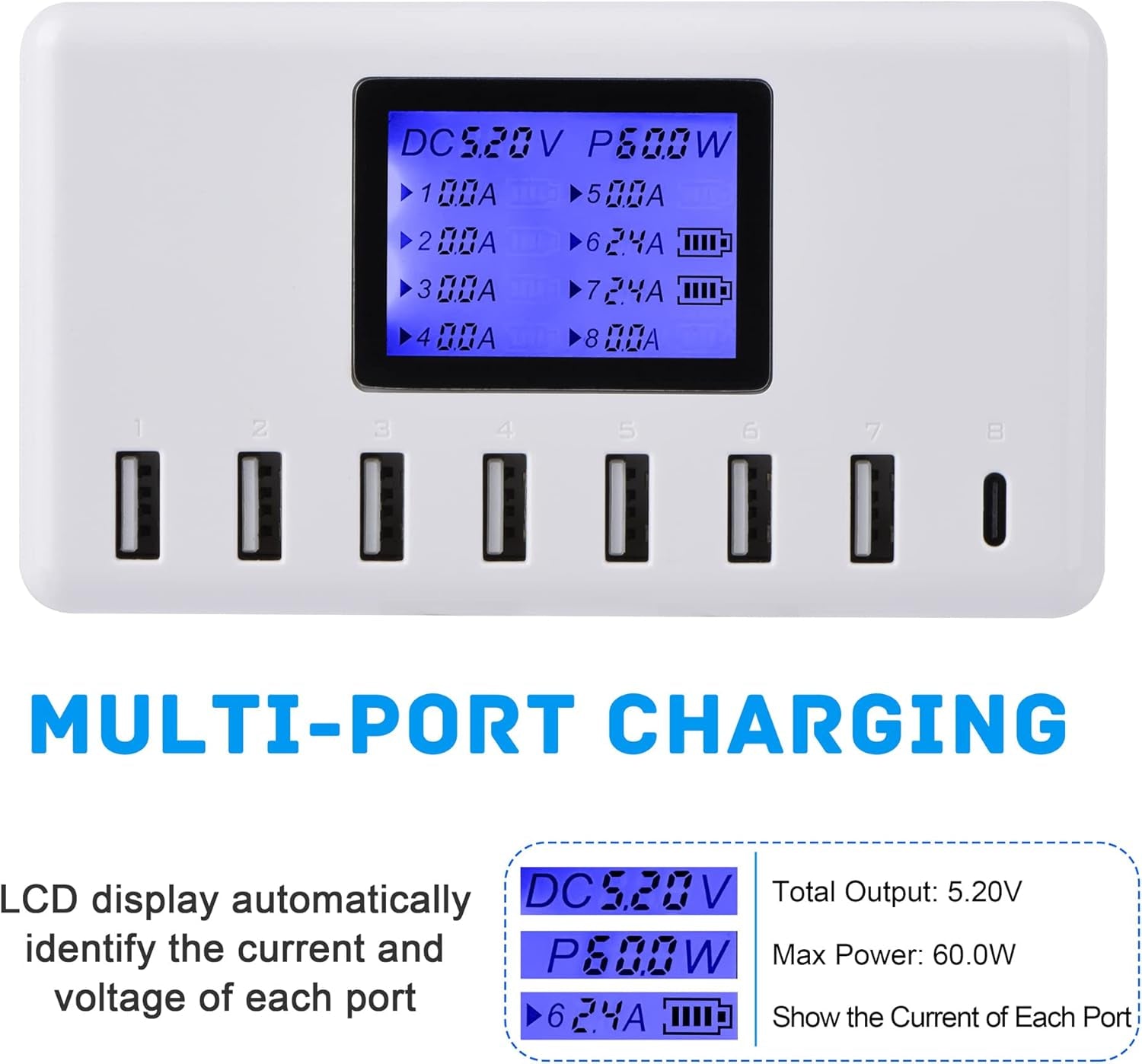 60W 12A 8-Port USB Charger Station with LCD Display – Compact Multi-Port USB Hub for iPhone, iPad, Samsung, Kindle, Tablets & Bluetooth Earbuds