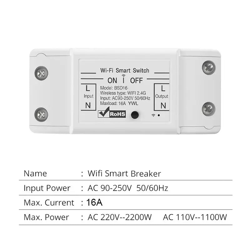 16A WiFi Smart Switch - Wireless Relay Breaker with Remote & Voice Control, Compatible with Alexa, Google Home & eWeLink